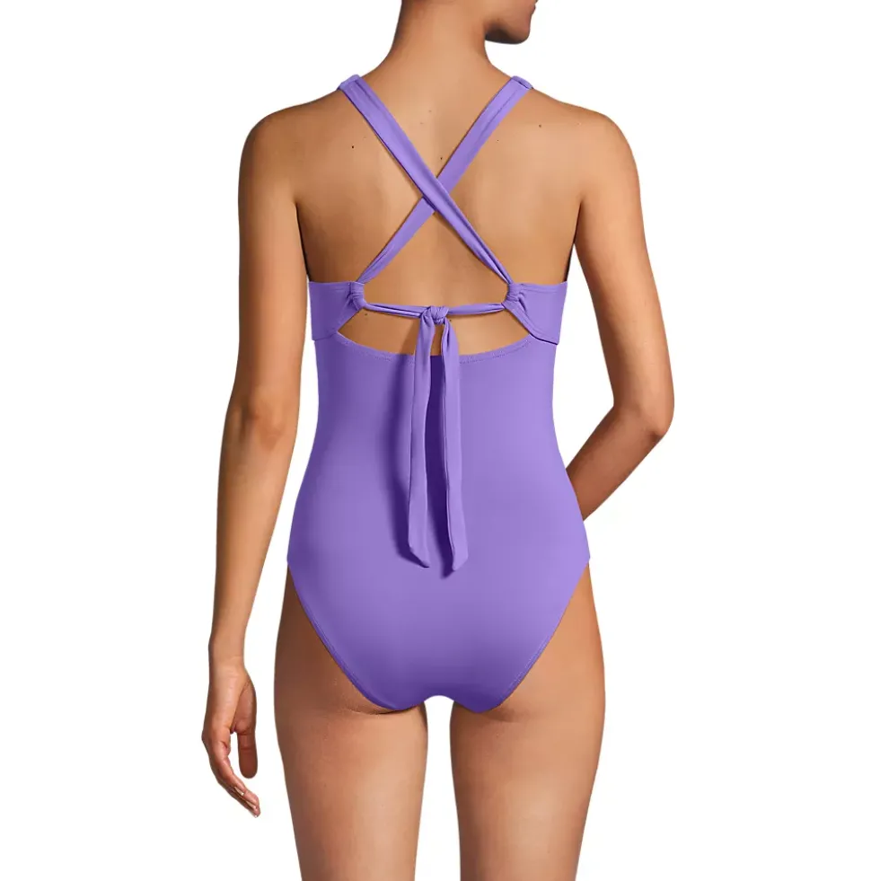 Women's Knot Front V-neck High Leg One Piece Swimsuit
