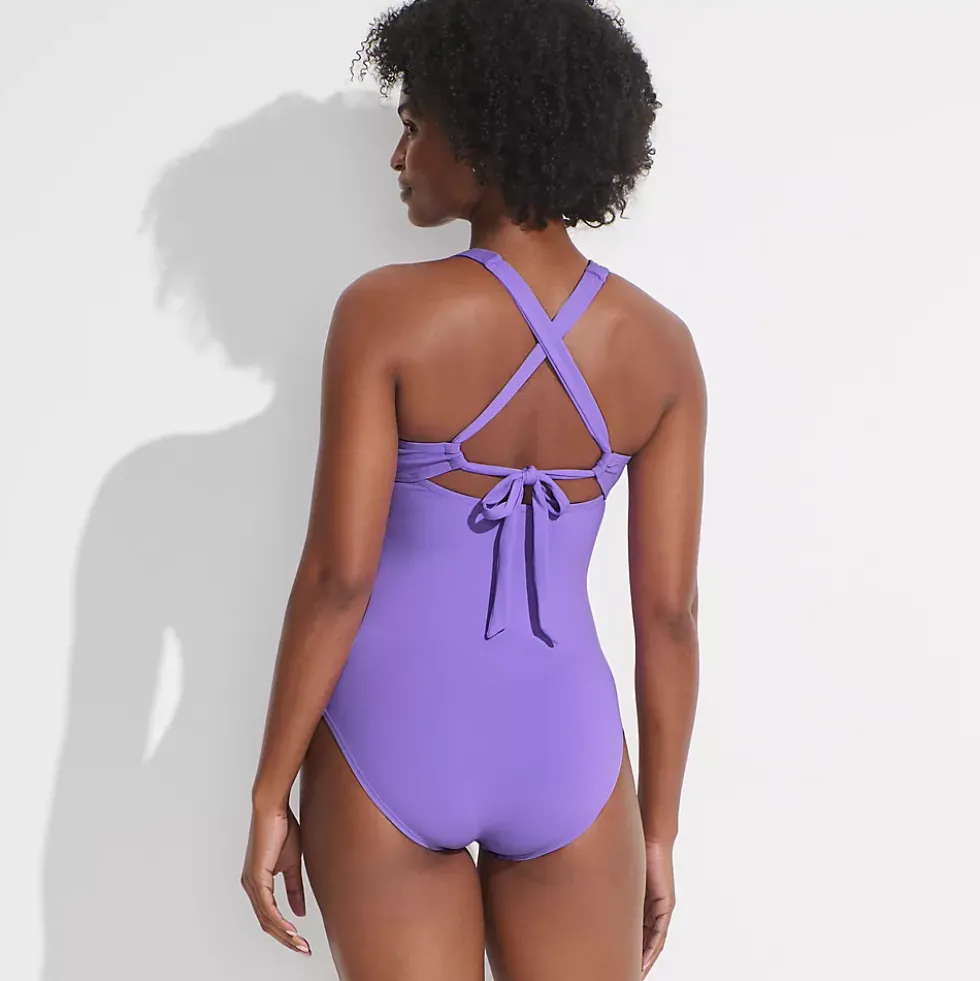 Women's Knot Front V-neck High Leg One Piece Swimsuit