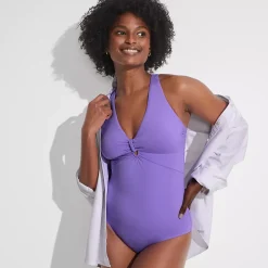 Women's Knot Front V-neck High Leg One Piece Swimsuit