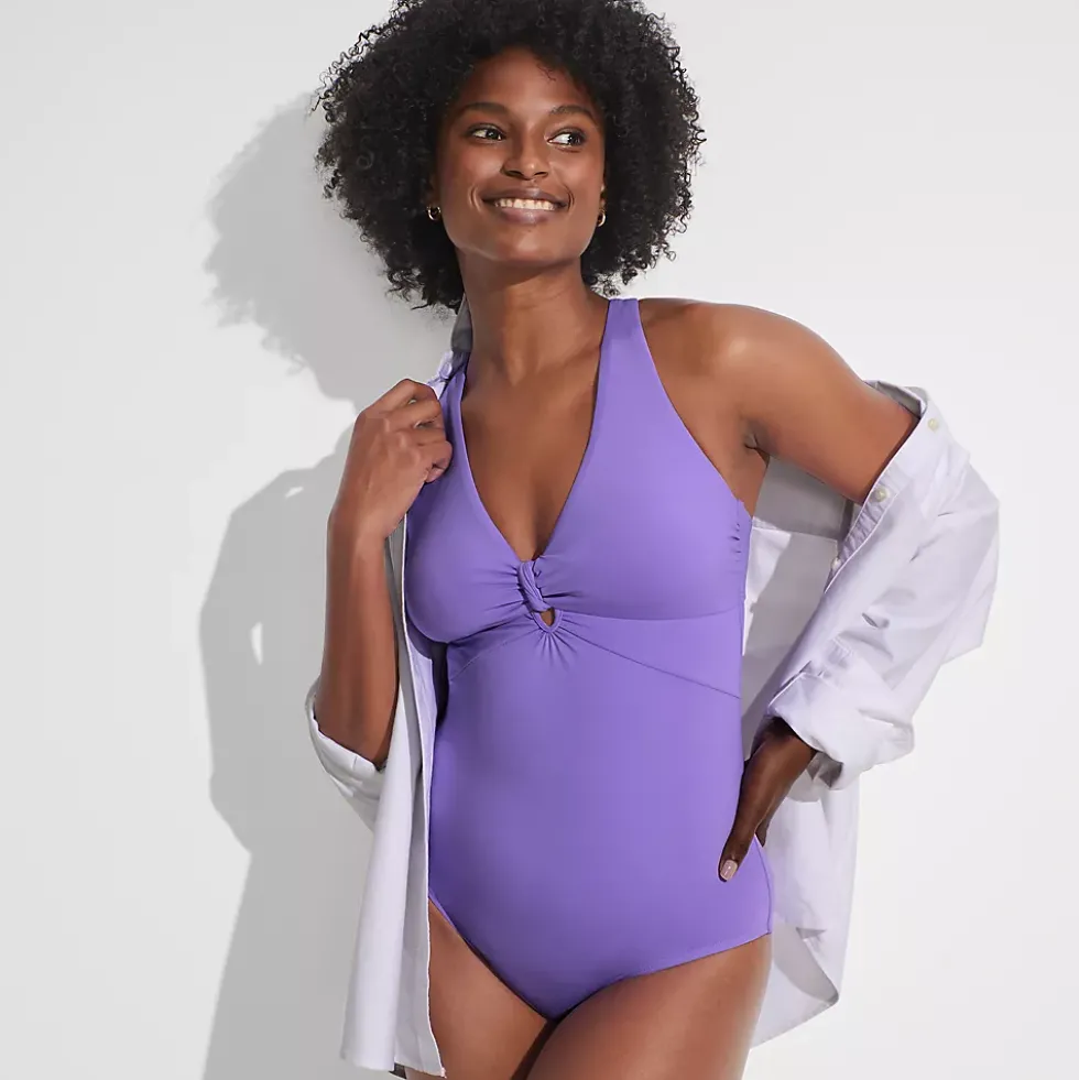Women's Knot Front V-neck High Leg One Piece Swimsuit