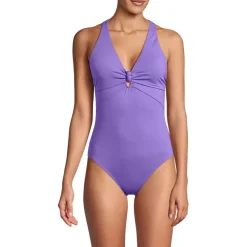 Women's Knot Front V-neck High Leg One Piece Swimsuit