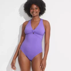 Women's Knot Front V-neck High Leg One Piece Swimsuit