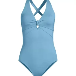 Women's Knot Front V-neck High Leg One Piece Swimsuit