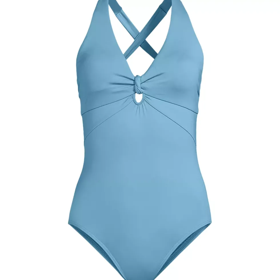Women's Knot Front V-neck High Leg One Piece Swimsuit