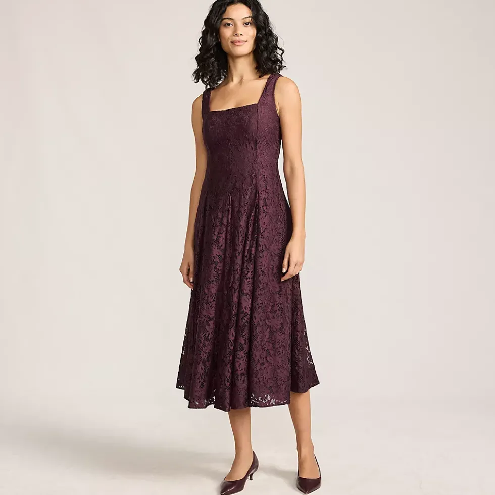 Women's Lace Pleated Square Neck Midi Dress
