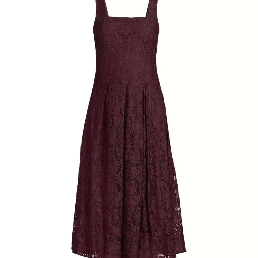 Women's Lace Pleated Square Neck Midi Dress