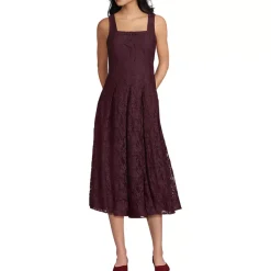 Women's Lace Pleated Square Neck Midi Dress