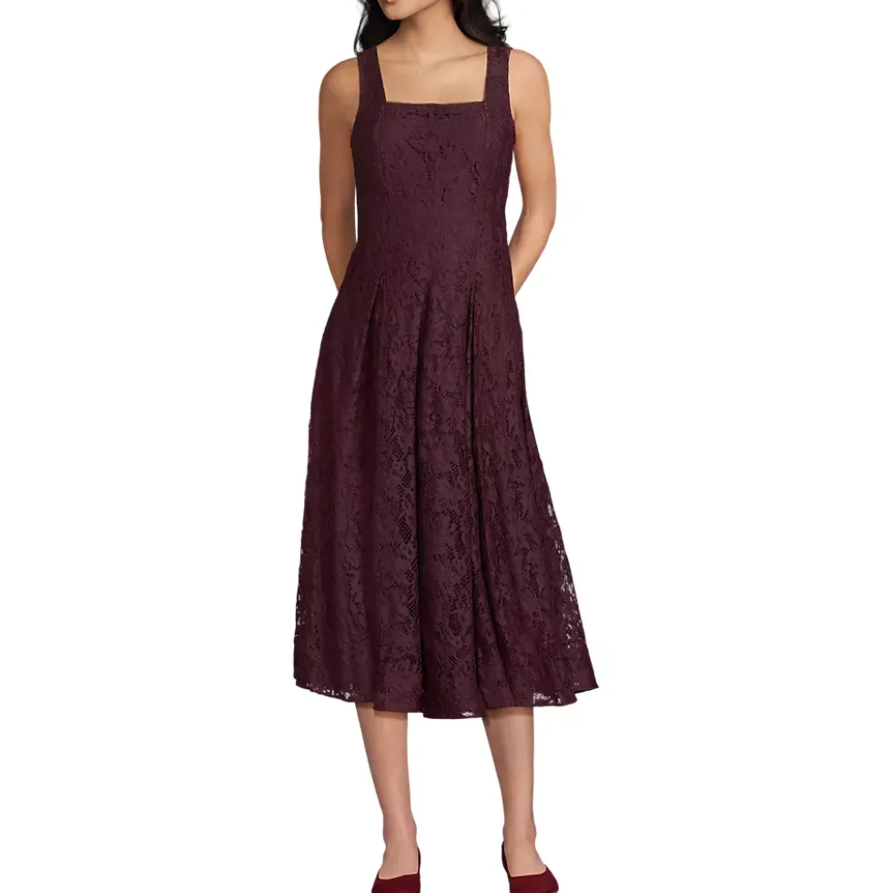 Women's Lace Pleated Square Neck Midi Dress