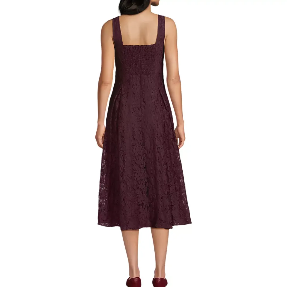Women's Lace Pleated Square Neck Midi Dress