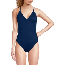 Women's Laser Cut Embroidered Plunge Tie Back Ultra High Leg One Piece Swimsuit