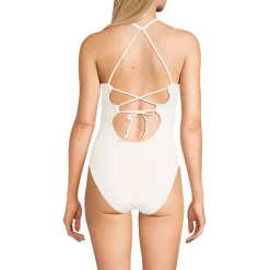Women's Laser Cut Embroidered Plunge Tie Back Ultra High Leg One Piece Swimsuit