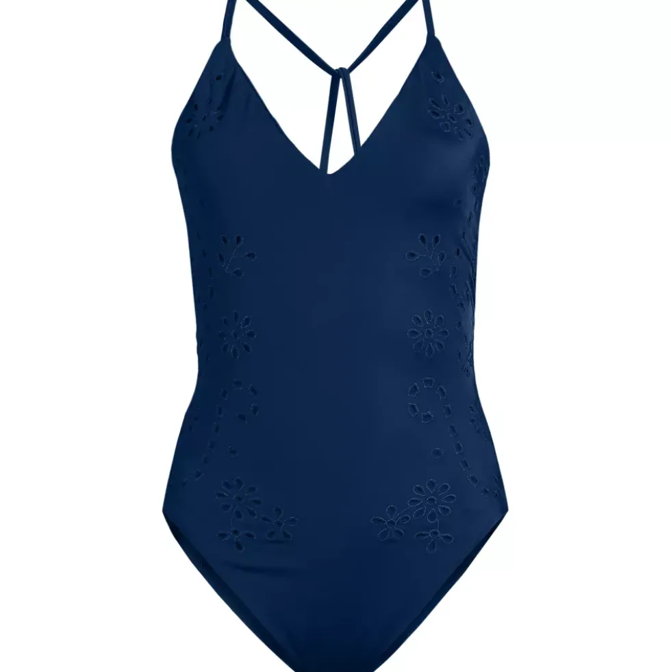 Women's Laser Cut Embroidered Plunge Tie Back Ultra High Leg One Piece Swimsuit