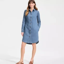 Women's Light Weight Denim Long Sleeve Button Front Shirt Dress