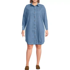 Women's Light Weight Denim Long Sleeve Button Front Shirt Dress