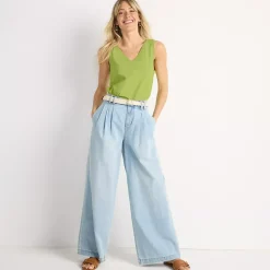 Women's Lightweight Denim Mid Rise Pleated Slouchy Jeans