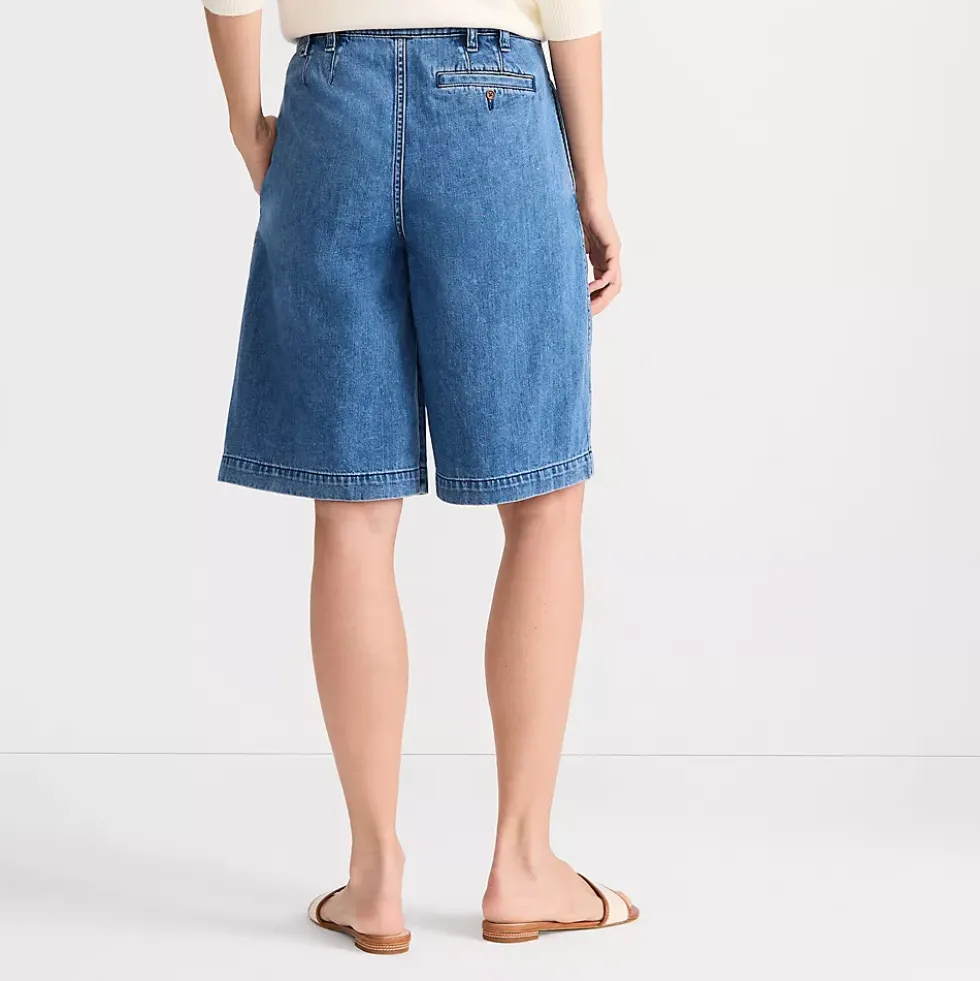 Women's Lightweight Denim Mid Rise Pleated 12" Slouchy Shorts