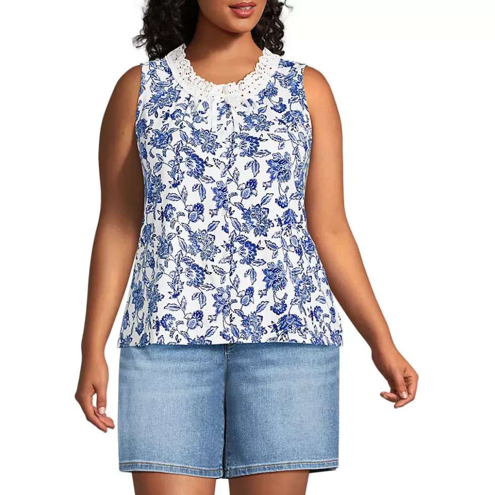 Women's Lightweight Jersey Button Front Lace Trim Tank