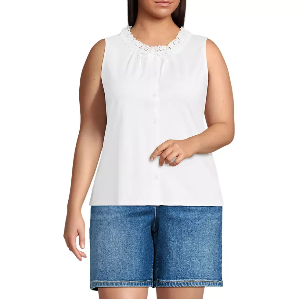 Women's Lightweight Jersey Button Front Lace Trim Tank