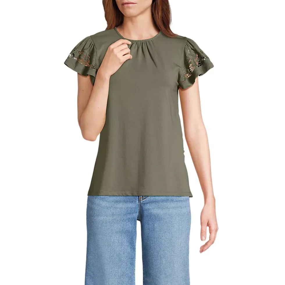 Women's Lightweight Jersey Crew Neck Ruffle Sleeve Flowy Top