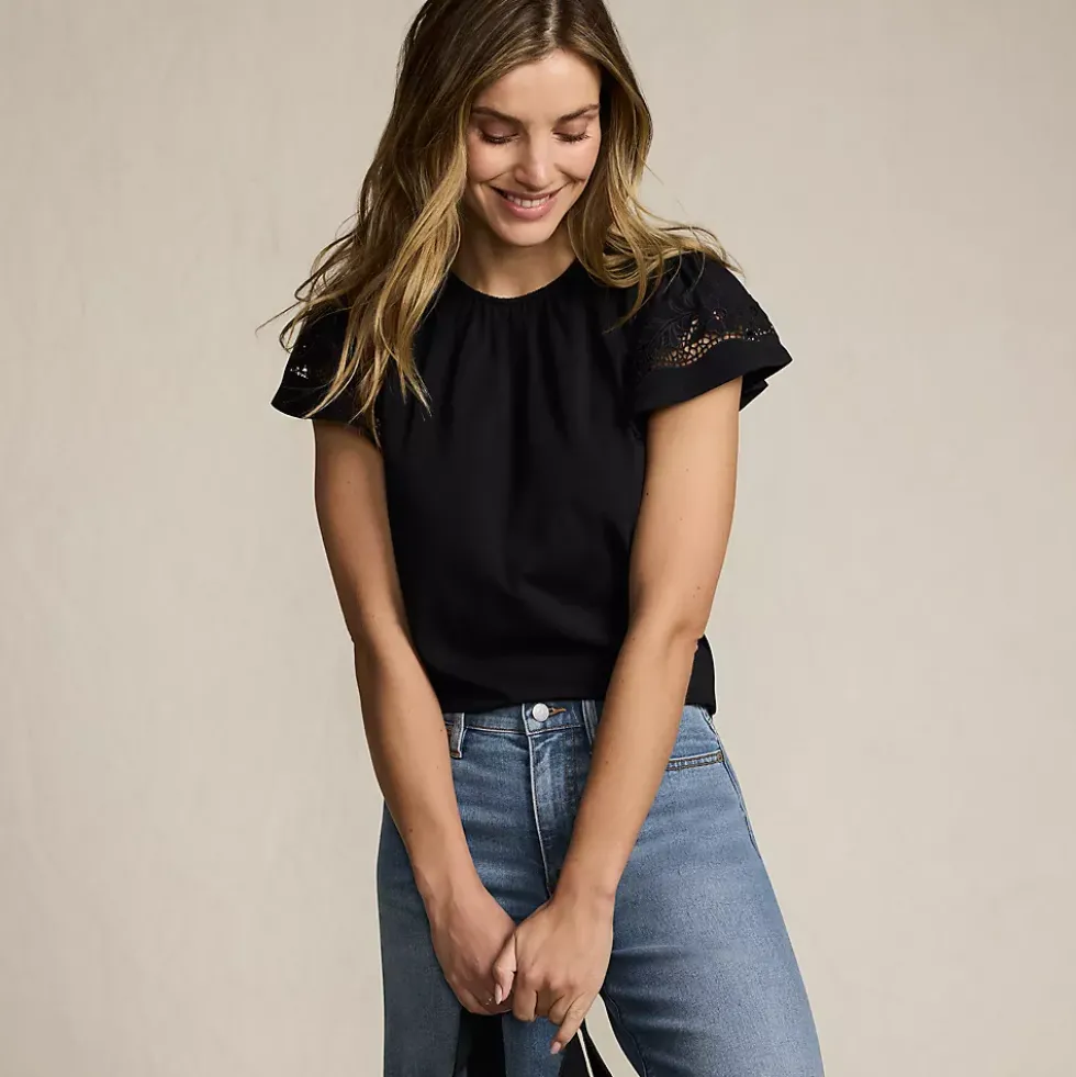 Women's Lightweight Jersey Crew Neck Ruffle Sleeve Flowy Top