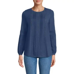 Women's Lightweight Jersey Lace Mix Long Sleeve Pintuck Top