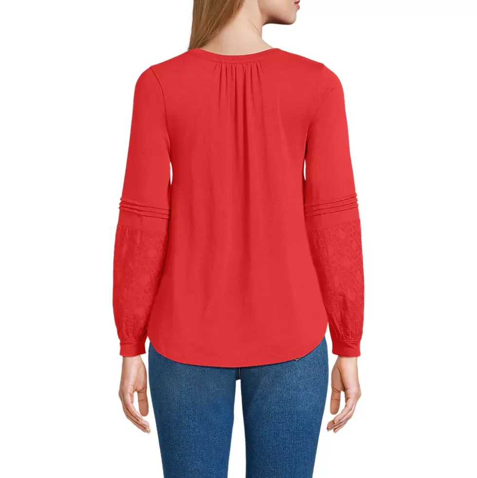 Women's Lightweight Jersey Lace Mix Long Sleeve Pintuck Top