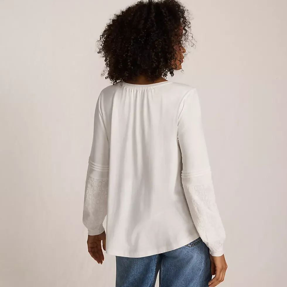 Women's Lightweight Jersey Lace Mix Long Sleeve Pintuck Top