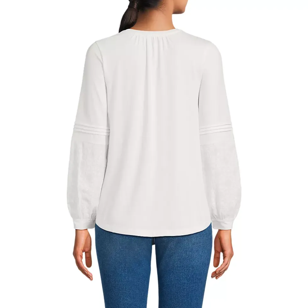 Women's Lightweight Jersey Lace Mix Long Sleeve Pintuck Top