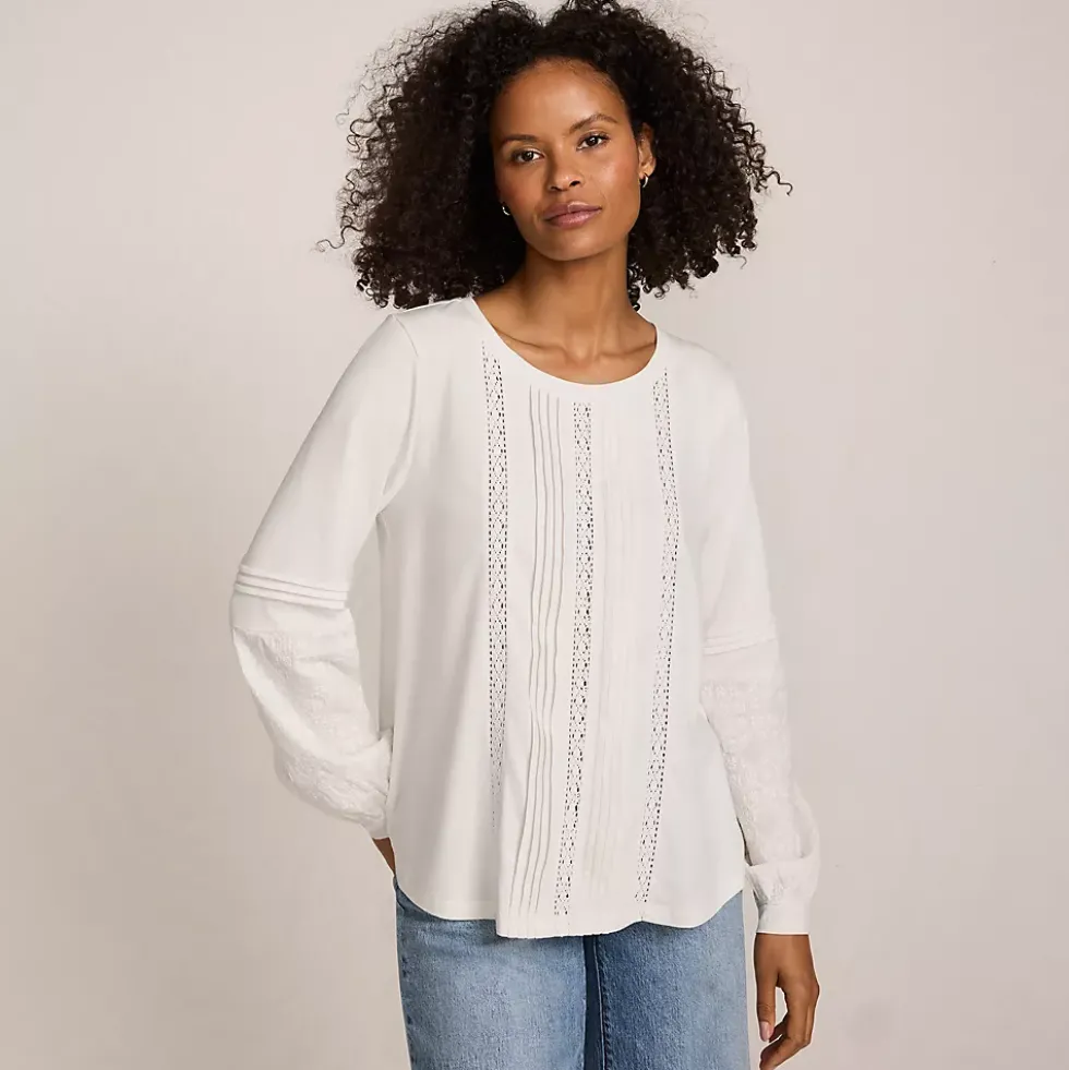 Women's Lightweight Jersey Lace Mix Long Sleeve Pintuck Top