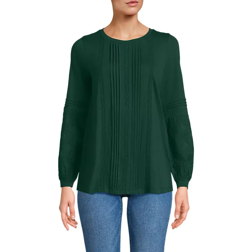 Women's Lightweight Jersey Lace Mix Long Sleeve Pintuck Top