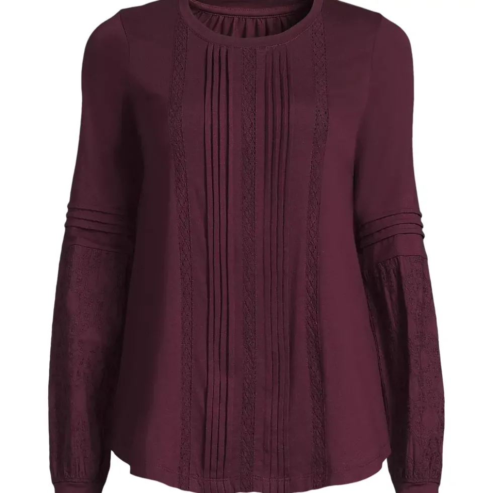 Women's Lightweight Jersey Lace Mix Long Sleeve Pintuck Top