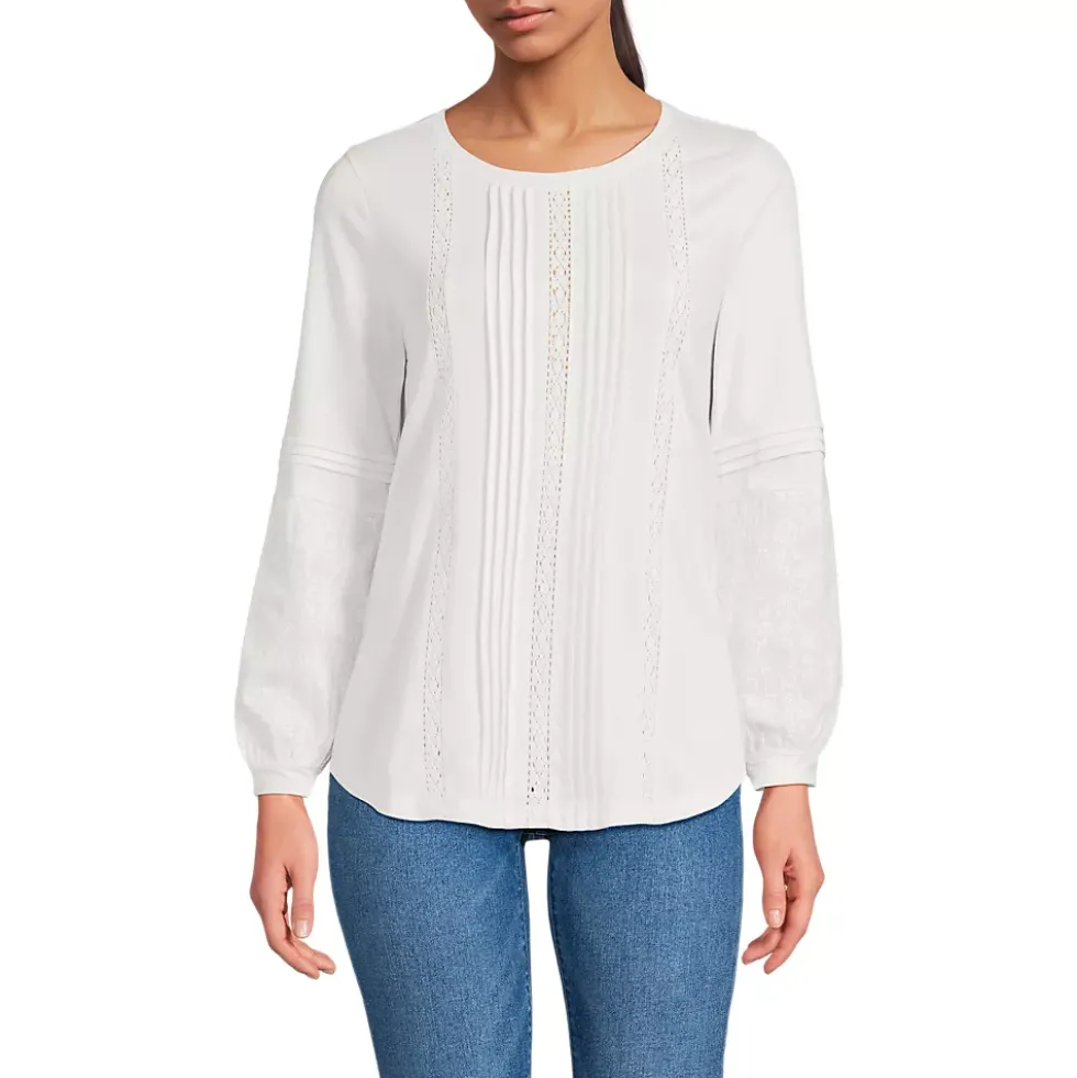 Women's Lightweight Jersey Lace Mix Long Sleeve Pintuck Top