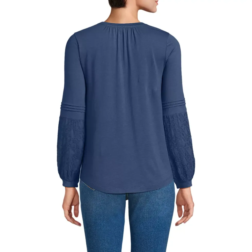 Women's Lightweight Jersey Lace Mix Long Sleeve Pintuck Top