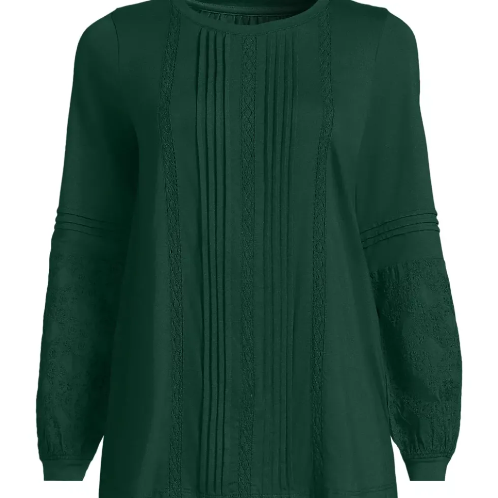 Women's Lightweight Jersey Lace Mix Long Sleeve Pintuck Top