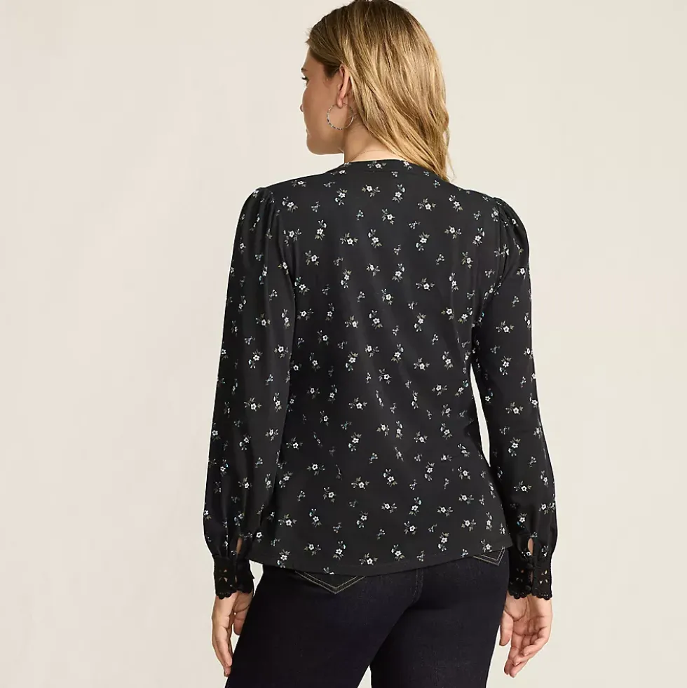 Women's Lightweight Jersey Long Sleeve Button Front Pintuck Top