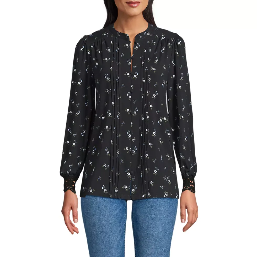 Women's Lightweight Jersey Long Sleeve Button Front Pintuck Top