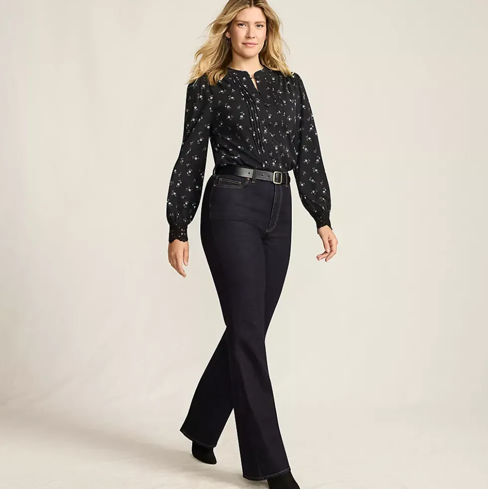 Women's Lightweight Jersey Long Sleeve Button Front Pintuck Top
