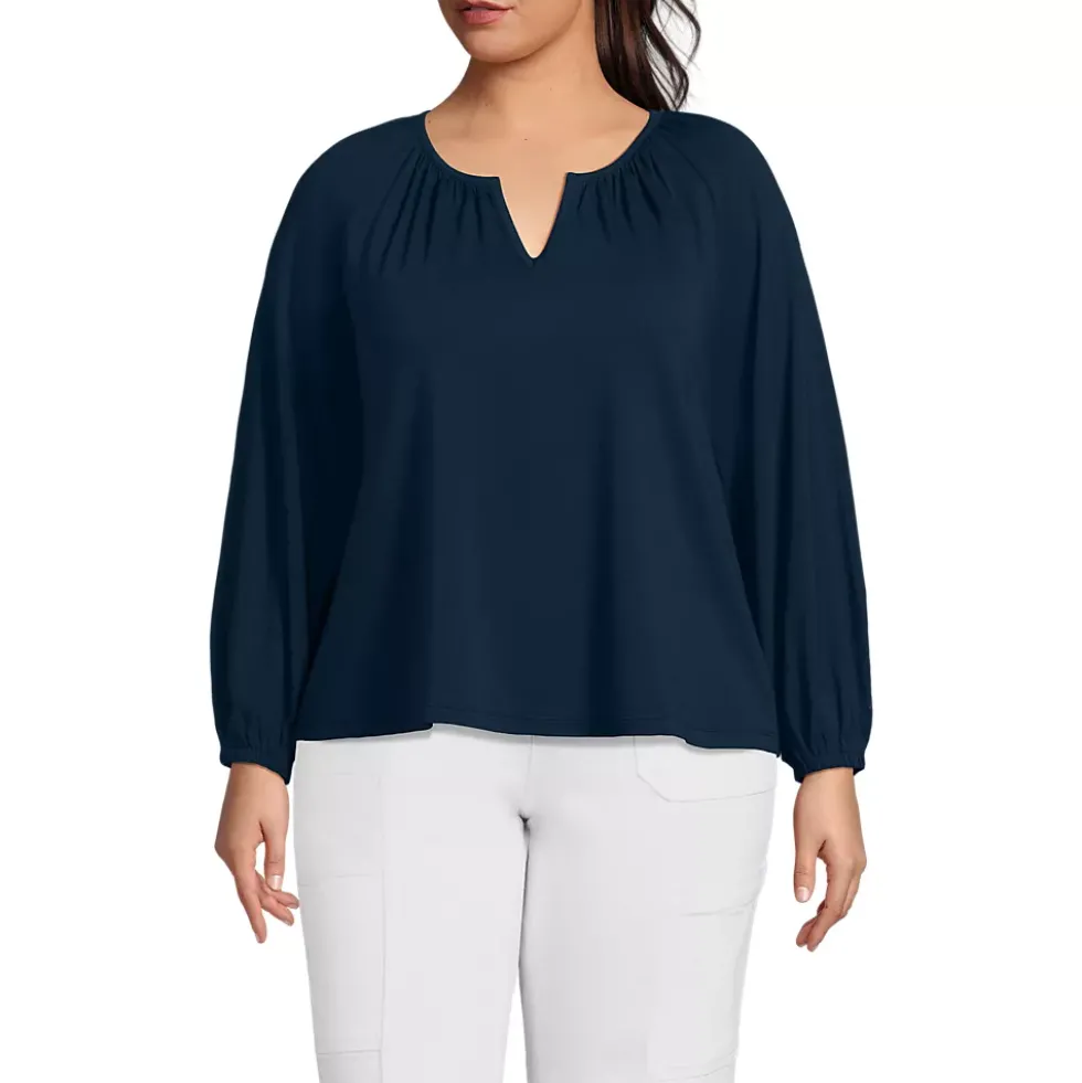 Women's Lightweight Jersey 3/4 Sleeve Notch Neck Gather Blouse