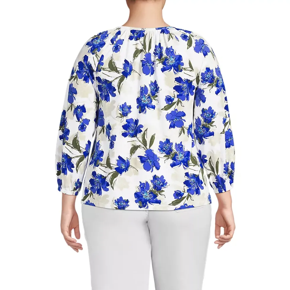 Women's Lightweight Jersey 3/4 Sleeve Notch Neck Gather Blouse