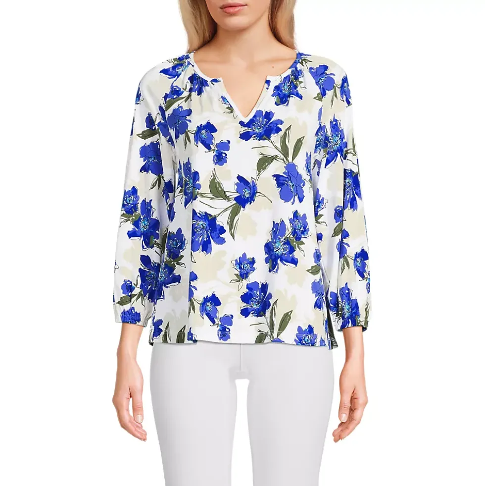 Women's Lightweight Jersey 3/4 Sleeve Notch Neck Gather Blouse