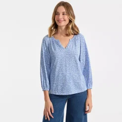Women's Lightweight Jersey 3/4 Sleeve Notch Neck Gather Blouse