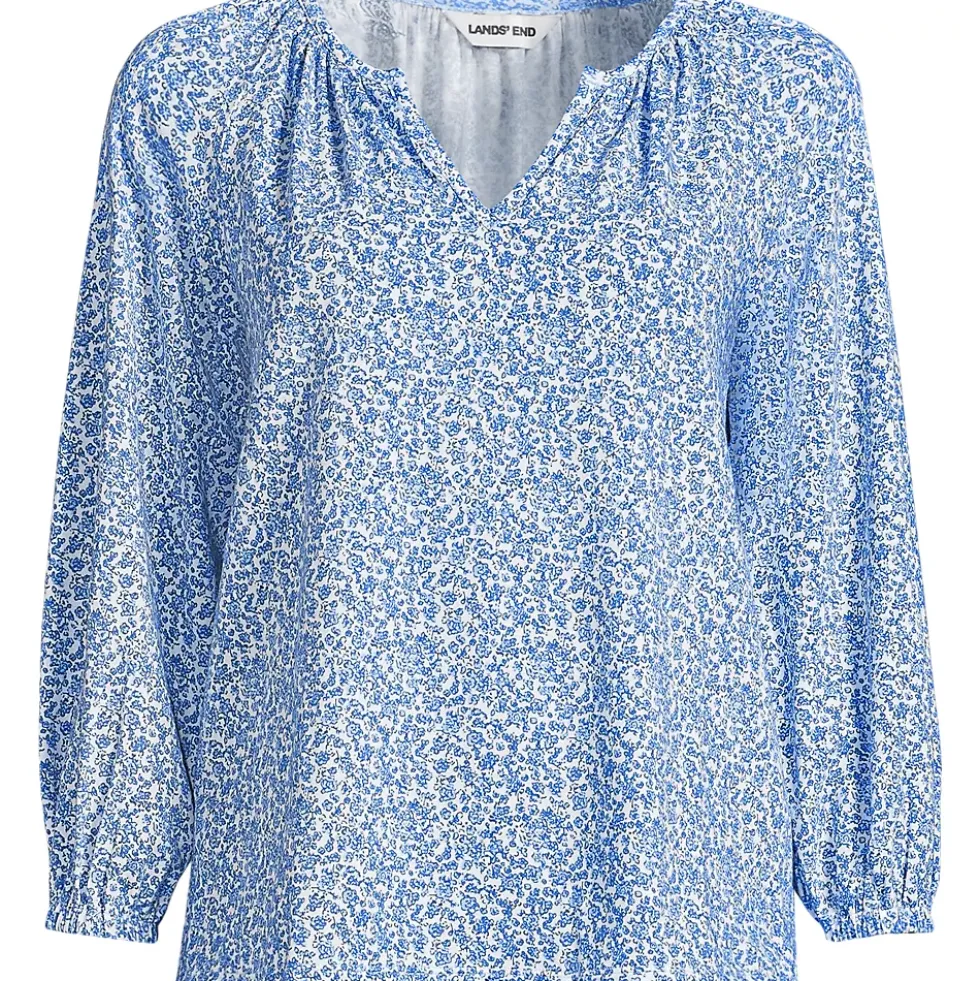 Women's Lightweight Jersey 3/4 Sleeve Notch Neck Gather Blouse