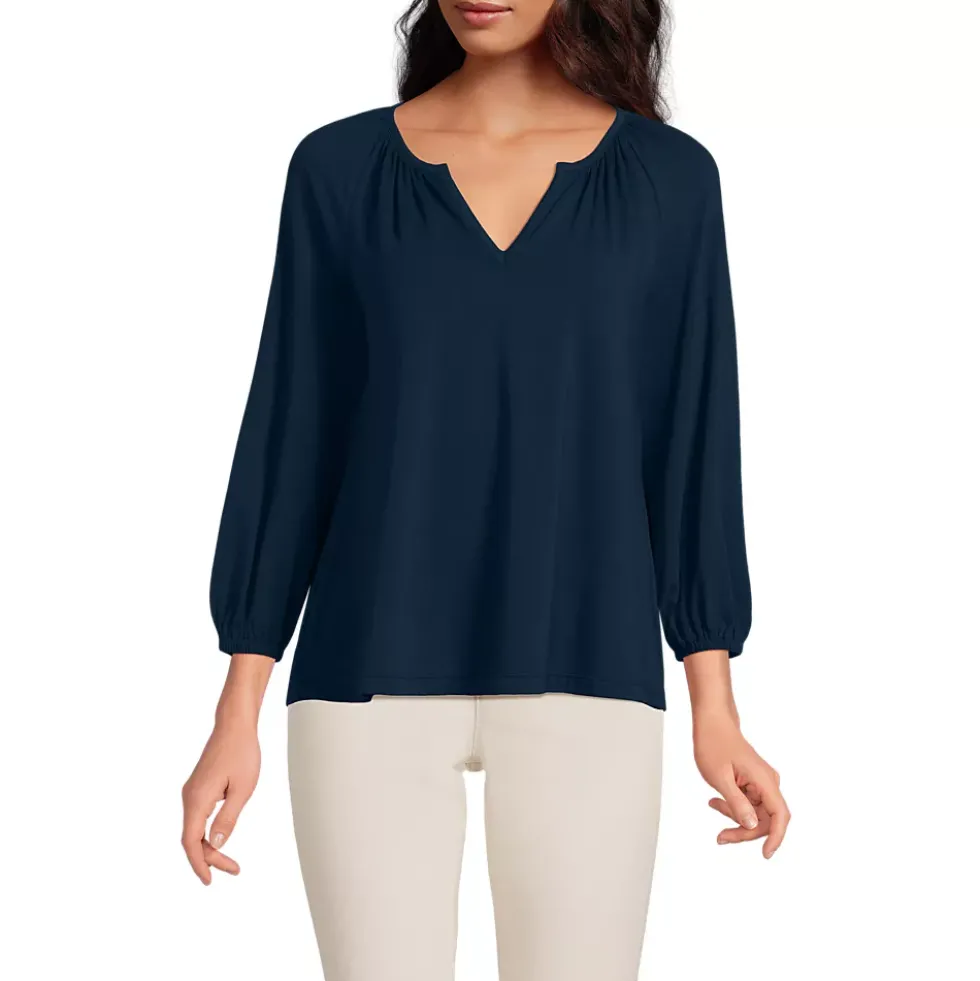 Women's Lightweight Jersey 3/4 Sleeve Notch Neck Gather Blouse