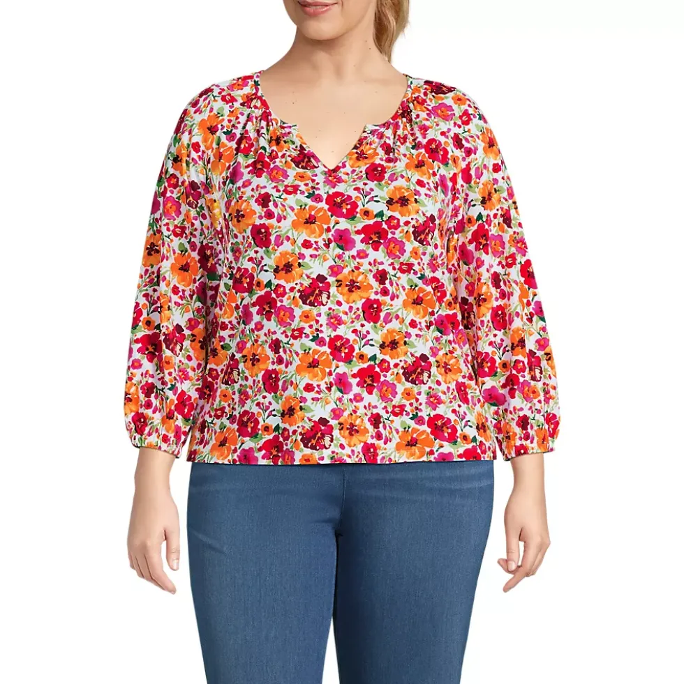 Women's Lightweight Jersey 3/4 Sleeve Notch Neck Gather Blouse