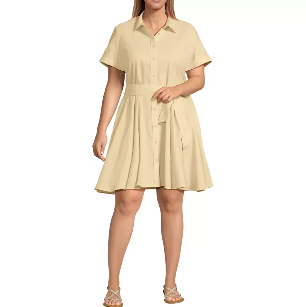Women's Linen Blend Button Front Dress with Godets