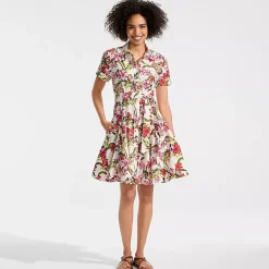 Women's Linen Blend Button Front Dress with Godets