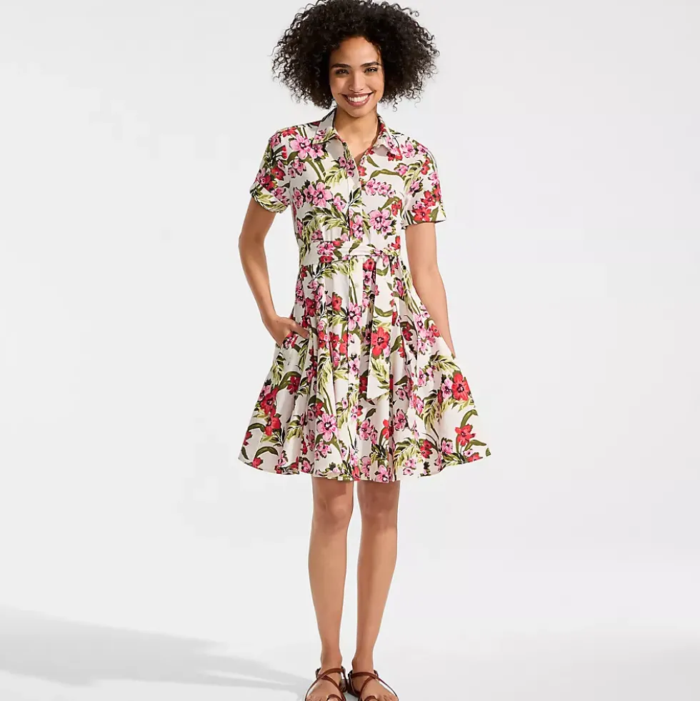Women's Linen Blend Button Front Dress with Godets
