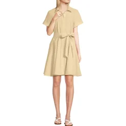 Women's Linen Blend Button Front Dress with Godets