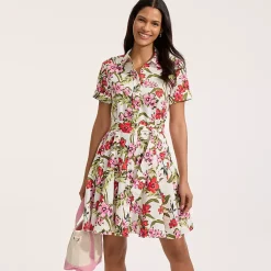 Women's Linen Blend Button Front Dress with Godets