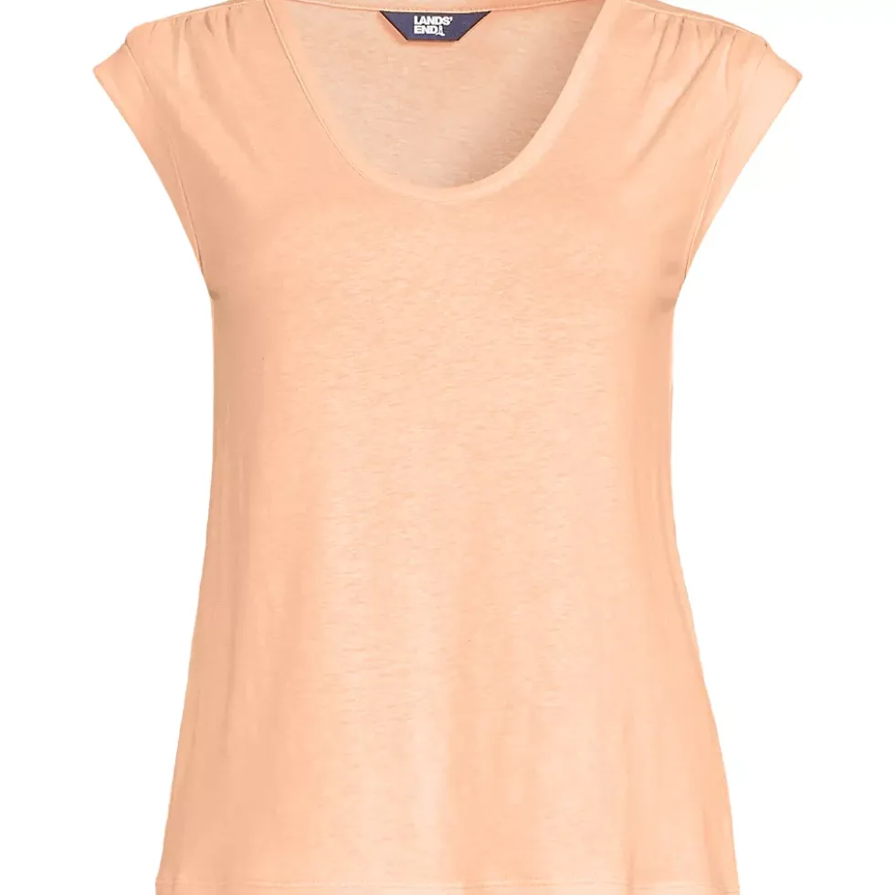 Women's Linen Blend Cap Sleeve Gathered Shoulder Tee